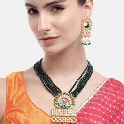 Anouk Kundan Green Drops Layered Premium Golden Peacock Pendent Necklace Set-picture-27