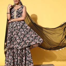 Varanga Women Black Floral Printed Pleated Kurta with Sharara & With Dupatta-48