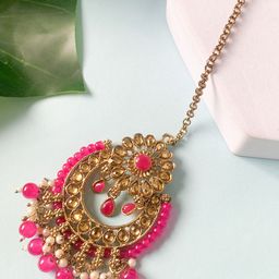 I Jewels Women Pink & Gold-Plated Maang Tikka with kundan and Beads studded detail-43