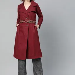 Athena Women Maroon Woollen Solid Overcoat-image-1