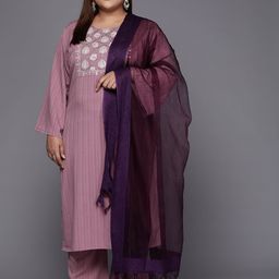 Varanga Women Mauve Floral Embroidered Thread Work Kurta with Palazzos & Dupatta-3