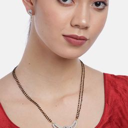 YouBella Black Gold-Plated Stone-Studded & Beaded Dual-Stranded Mangalsutra with Earrings-image-62