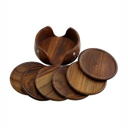 natureCRAFTS Brown 6 Pieces Carved Wooden Coasters With Stand-image-97