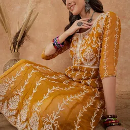 Sangria Ethnic Motifs Embroidered Georgette A-Line Kurta-image-15