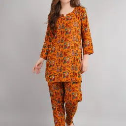 Women Night Suit Set Yellow, Red Printed-image-4