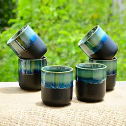 StyleMyWay Studio Pottery Green & Blue Set of 6 Printed Ceramic Glossy Kulladhs 225ML-12