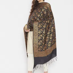 Clora Creation Black & Gold-Coloured Woven Design Banarasi Silk Blend Dupatta with Zari image 4
