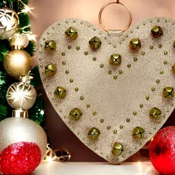 Hind Decor Gold-Toned and Beige Hanging Christmas Heart With Bells Festive Decor-image-9