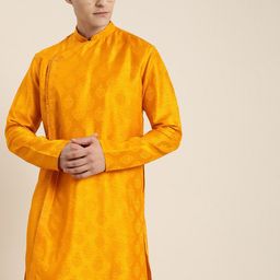 SHRESTHA BY VASTRAMAY Mandarin Collar Woven Design Asymmetric Jacquard Angrakha Kurta-image-47
