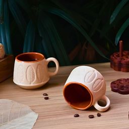 WEAVING HOMES White & Brown Textured Ceramic Glossy Cups Set of Cups and Mugs-53