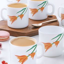 Larah by BOROSIL Orange & White 6 Pieces Floral Printed Opalware Matte Mugs 180 ml-14