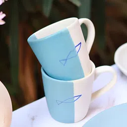 WEAVING HOMES White & Blue Hand Painted Printed Ceramic Glossy Mugs Set of Cups and Mugs-53