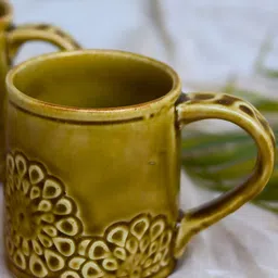 WEAVING HOMES Green & White Hand Painted Printed Ceramic Glossy Mugs Set of Cups and Mugs-image-99