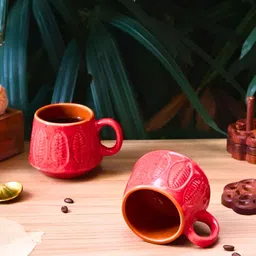 WEAVING HOMES Red Hand Painted Textured Ceramic Glossy Mugs Set of Cups and Mugs-15