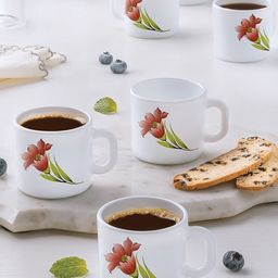 Larah by BOROSIL Red & White 6 Pieces Floral Printed Opalware Matte Mugs 100 ML Each-14
