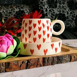 NIYARA White & Red 2Pcs Printed Ceramic Matte Mug With  Saucer 350ml-16