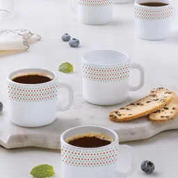 Larah by BOROSIL White & Red 6 Pcs Printed Opalware Matte Mugs - 100 ML Each-6