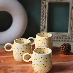 WEAVING HOMES White & Yellow Hand Painted Printed Ceramic Glossy Mugs Set of Cups and Mugs-9
