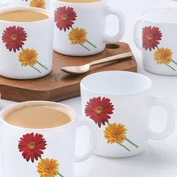 Larah by BOROSIL Red & White 6 Pieces Floral Printed Opalware Matte Mugs 180ml-30