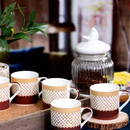 SONAKI White & Brown 6-Pieces Printed Bone China Glossy Coffee Mugs 210 ml-1