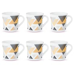 Larah by BOROSIL Yellow & White 6 Pcs Geometric Printed Opalware Matte Mugs - 210 ML Each image 4