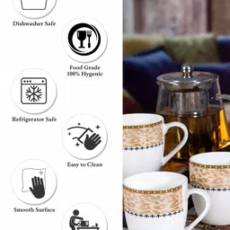 SONAKI White & Brown Set of 6 Printed Bone China Mugs 180 ml Each image 3