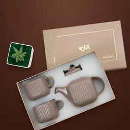 Vola Global LLP Bloom Tea Tan 3 Pieces Porcelain Matte Teapot With Cups 40 ML & 20 ML image 3