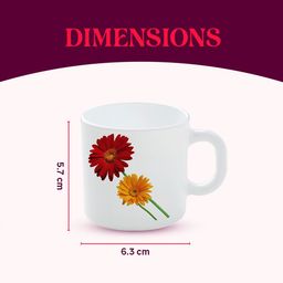 Larah by BOROSIL Red & White 6 Pieces Floral Printed Opalware Matte Mugs 100 ML Each image 2