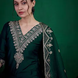 Sangria Green Ethnic Motifs Embroidered Regular Thread Work Kurta With Trousers & Dupatta image 2
