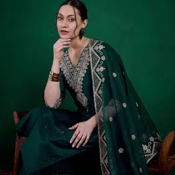 Sangria Green Ethnic Motifs Embroidered Regular Thread Work Kurta With Trousers & Dupatta image 1