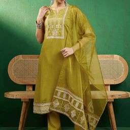 Sangria Embroidered Straight Kurta With Trouser & Dupatta-12