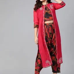 Pannkh Printed Top With Trouser & Embroidered Jacket-picture-0