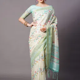 Mitera Cream-Coloured & Blue Ethnic Motifs Linen Blend Saree-18