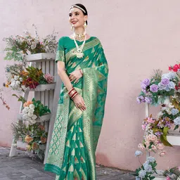 Anouk Green Ethnic Motifs Woven Design Zari Detailed Saree-image-22