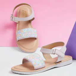 Fame Forever by Lifestyle Girls Embellished Party Open Toe Flats With Velcro Closure-45