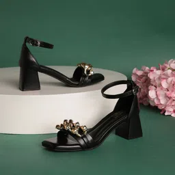 Truffle Collection Embellished Open Toe Ankleloop Block Heels-17