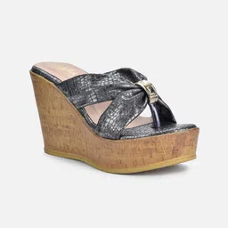 VALIOSAA Gunmetal-Toned Printed Party Platform Sandals-3