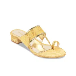 Mochi Gold-Toned Textured Ethnic Block Sandals-18