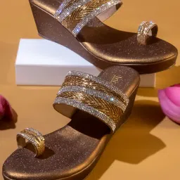 Inc 5 Women Gold Embellished Ethnic Wedge Sandals-9