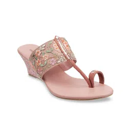 WALKWAY by Metro Peach-Coloured Embellished Ethnic Wedge Heels-32