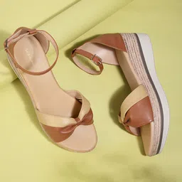 Mast & Harbour Brown Colourblocked Wedge Sandals-image-0