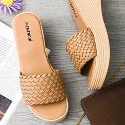 Fentacia Beige Woven Design Wedge Heels-14