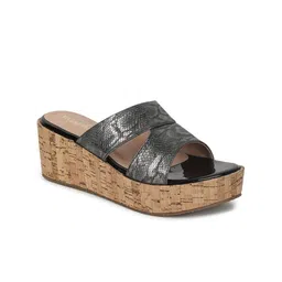 VALIOSAA Black Textured Wedge Sandals 2 Inch Heels-image-71