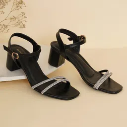 HEELSNFEELS Embellished Open Toe Block Heels With Buckle-2