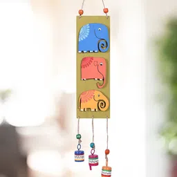 AAKRITI ART CREATIONS Blue & Green Printed Trinity Of Elephants Windchime-picture-48