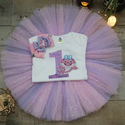 TINY MINY ME Girls Lavender & White Printed T-shirt with Skirt-image-92