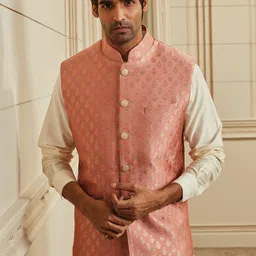 Tasva Men Woven Design Herringbone Brocade Bundi Jacket-27
