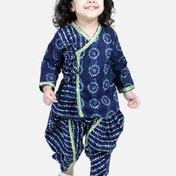 BownBee Girls Blue Printed Front Open Pure Cotton Angrakha Top Dhoti-image-51