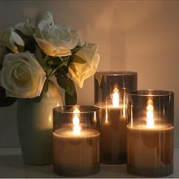 XERGY Set of 3 Black Glass Battery Operated Flameless Candles With 10-Key Remote and Timer-20