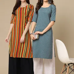 KALINI Women Pack Of 2 Orange & Green Geometric Printed Block Print Crepe Kurtas-image-46